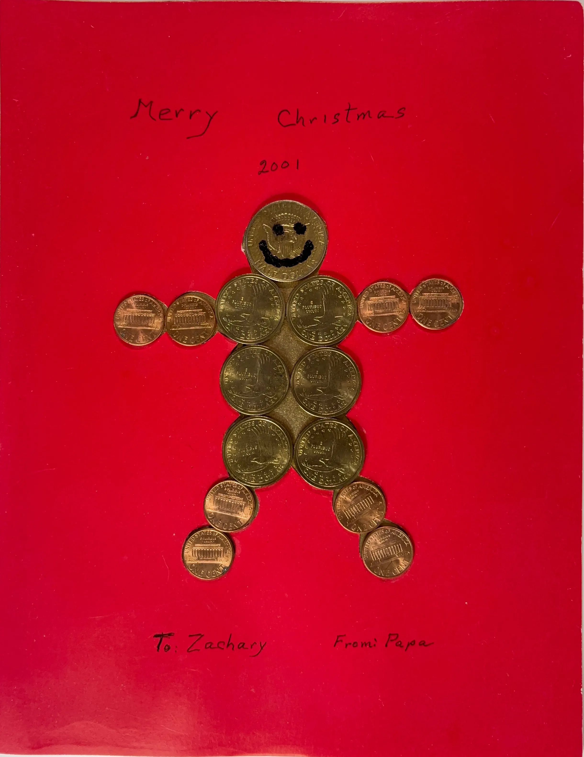 A gingerbread man made of US Coins