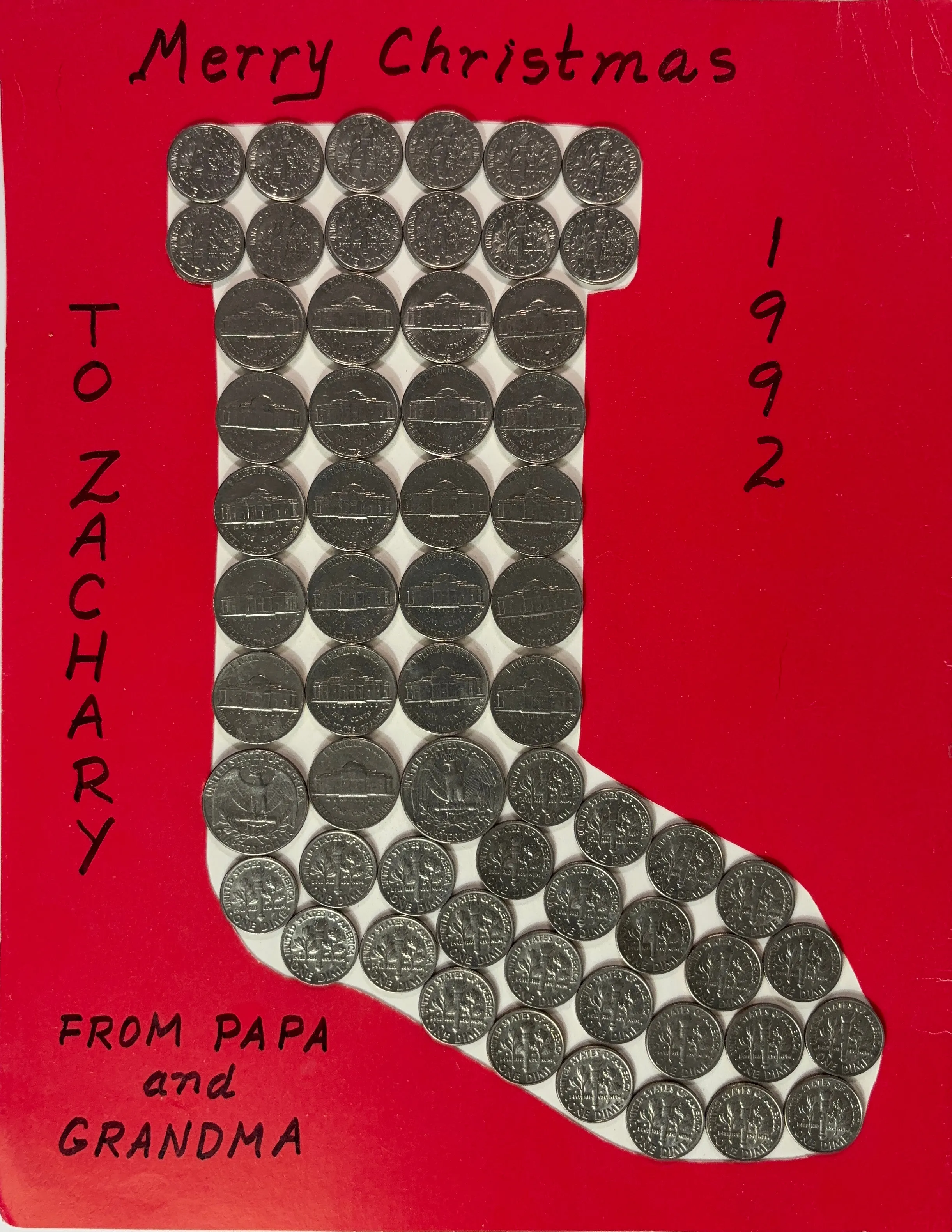 A Christmas stocking made of US Coins